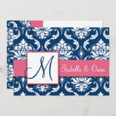 Navy Blue Damask Monogram Invitation Roze Kaart (Voorkant / Achterkant)