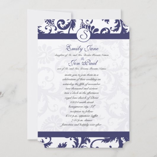 Navy Blue Damask Monogram Wedding Invitation Kaart (Voorkant)