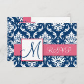 Navy Blue Damask Monogram Wedding RSVP Roze (Voorkant / Achterkant)