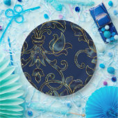 Navy Blue Damask Pattern over uw keuze van kleur Papieren Bordje (Feest)