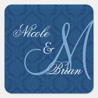 Navy Blue Damask Wedding Bride Groom Monogram Vierkante Sticker