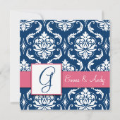 Navy Blue Damast Monogram G Save the Date Roze (Achterkant)