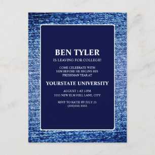 Navy Blue Denim College Koffer Feest Uitnodiging Briefkaart