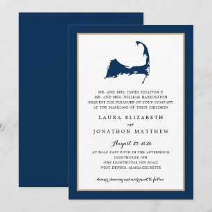Navy Blue Dennis Cape Cod Map Gold Heart Wedding Kaart