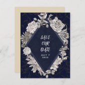 Navy Blue Diamond Flowers Save the Date Aankondigingskaart (Voorkant / Achterkant)