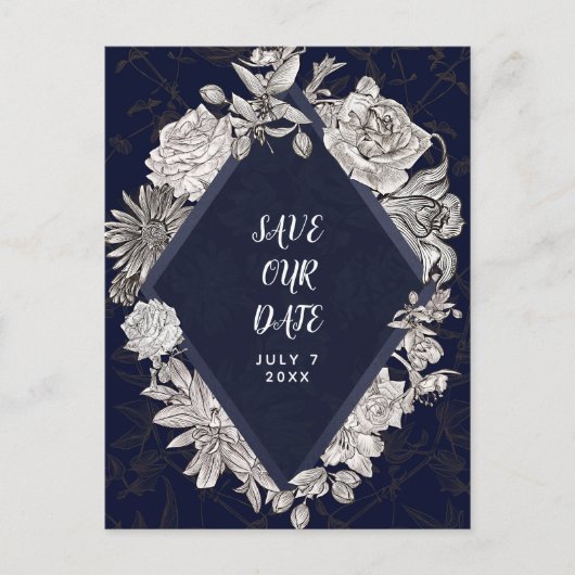 Navy Blue Diamond Flowers Save the Date Aankondigingskaart (Voorkant)