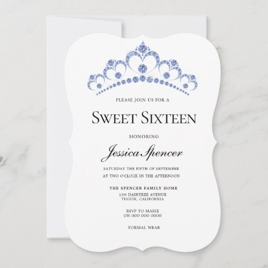 Navy Blue Diamond Tiara Sweet 16 Invite Kaart (Voorkant)