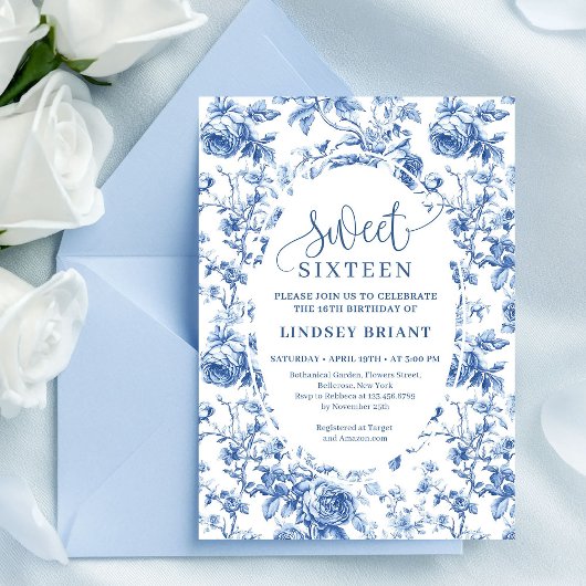 Navy Blue Digital Floral Invitation 16th Birthday