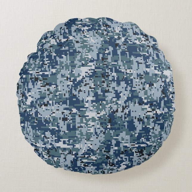 Navy Blue Digital Pixels Camouflage Decor Rond Kussen (Voorkant)