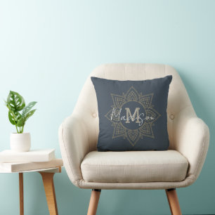 Navy Blue Donkergrijs Goud Mandala Naam Monogram Kussen
