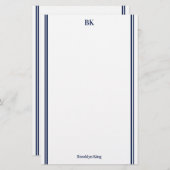 Navy Blue Double Lines Monogram en naam Briefpapier (Voorkant / Achterkant)