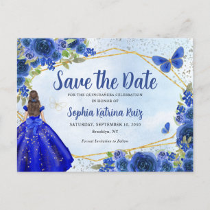 Navy Blue Dress Floral Quinceañera Save the Date Briefkaart