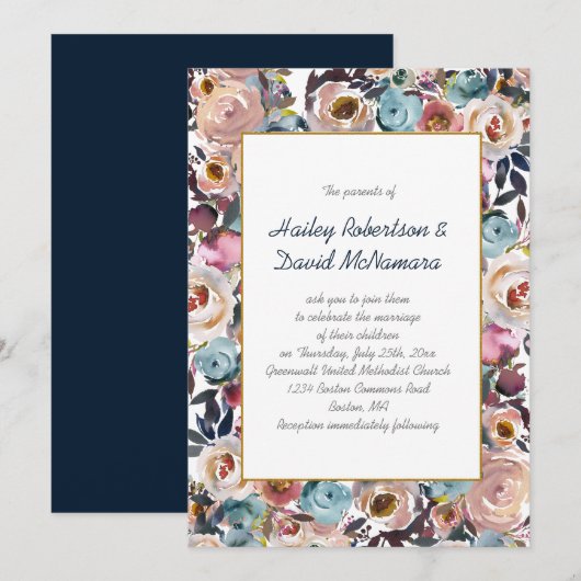 Navy Blue Dusk Blue Mauve Gold Wedding | Kaart (Voorkant / Achterkant)