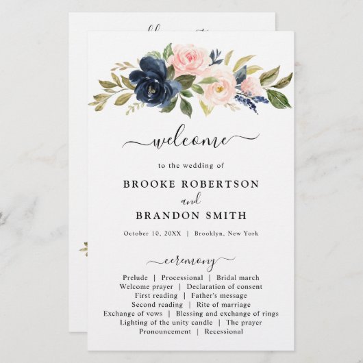 Navy Blue Dusty Blush Pink Floral Wedding Programm (Voorkant / Achterkant)