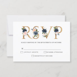 Navy Blue Dusty Blush Pink Floral Wedding RSVP Kaartje