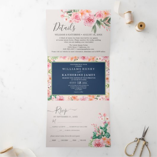 Navy Blue Dusty Blush Pink & Peach Floral Drieluik Uitnodiging (Binnen)