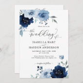 Navy Blue Dusty Floral Light in één QR Weddenschap Kaart (Voorkant / Achterkant)