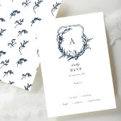 Navy Blue Dusty Roos bloemmonogram crest RSVP Kaartje