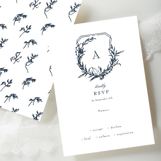 Navy Blue Dusty Roos bloemmonogram crest RSVP Kaartje