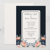 Navy Blue Dusty Roos Floral bruiloft uitnodiging (Voorkant / Achterkant)