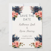Navy Blue Dusty Roos Floral Save the Date Bruiloft Kaart (Voorkant)