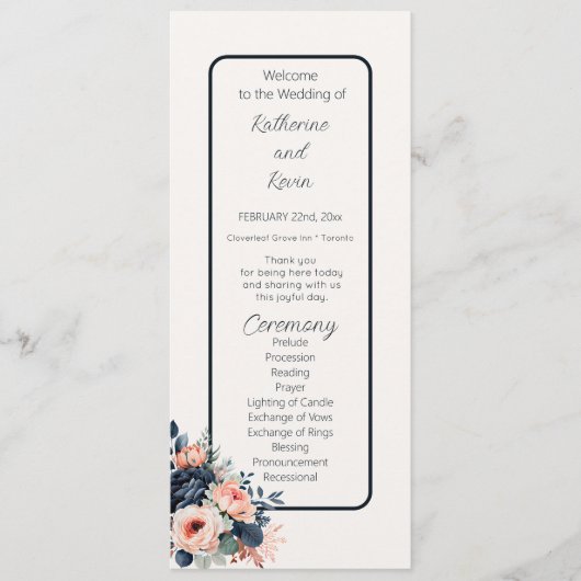 Navy Blue Dusty Roos Floral Wedding Flat Programma (Voorkant)