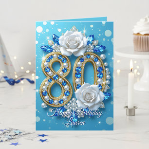 Navy Blue Edelstenen & Gouden Parel 80e Verjaardag Kaart