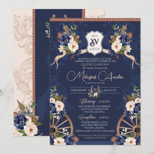 Navy Blue Elegant Baroque Charra Quinceanera Kaart