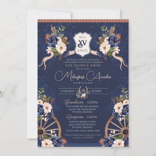 Navy Blue Elegant Baroque Charro Quinceanera Kaart (Voorkant)