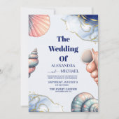 Navy Blue Elegant Beach Seashell Wedding Kaart (Voorkant)