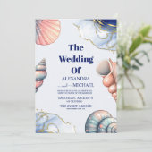 Navy Blue Elegant Beach Seashell Wedding Kaart (Staand voorkant)