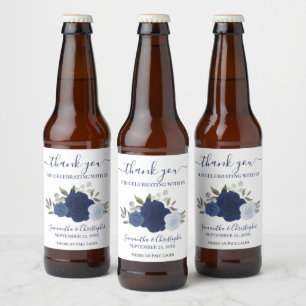 Navy & Blue Elegant Boho Rozen Weddenschap Bier Etiket