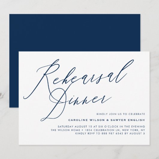 Navy Blue Elegant Calligraphy Rehearsal Dinner Kaart (Voorkant / Achterkant)