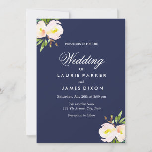 Navy Blue Elegant Floral Yellow Wedding Invitation Kaart