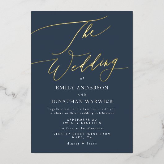 Navy Blue Elegant Gold The Wedding Folie Uitnodiging (Voorkant)
