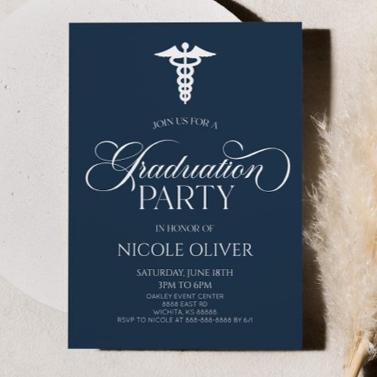 Navy Blue Elegant Medisch Caduceus Afstuderen Kaart