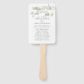 Navy blue elegant moderne botanische scriptbruilof handwaaier (Voorkant)