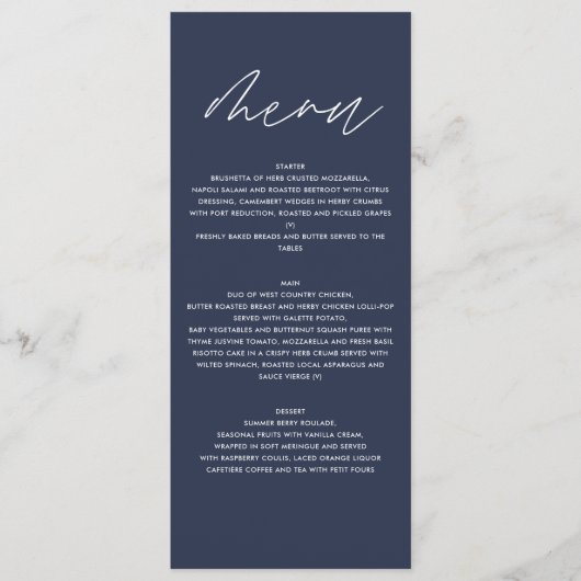 Navy blue elegant moderne botanische scriptbruilof menu (Voorkant)
