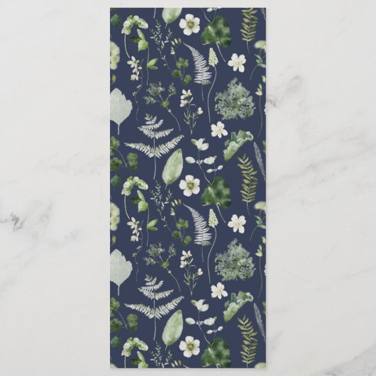 Navy blue elegant moderne botanische scriptbruilof menu (Achterkant)