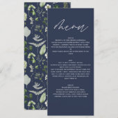 Navy blue elegant moderne botanische scriptbruilof menu (Voorkant / Achterkant)