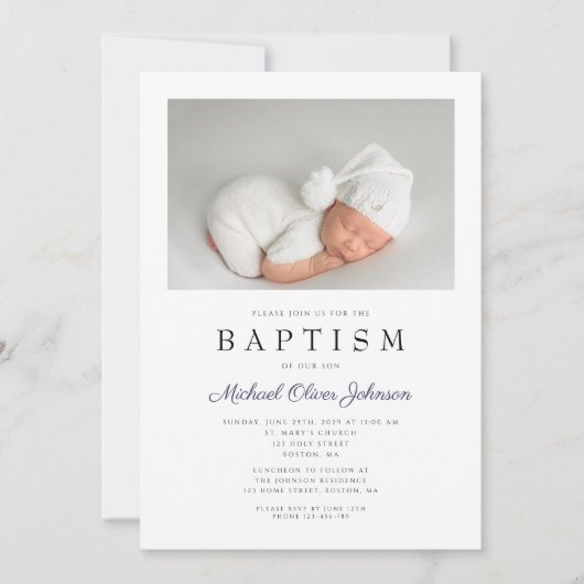Navy Blue Elegant Photo Boy Baptisme Kaart (Voorkant)