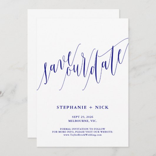 Navy Blue Elegant Script uitnodiging (Voorkant / Achterkant)