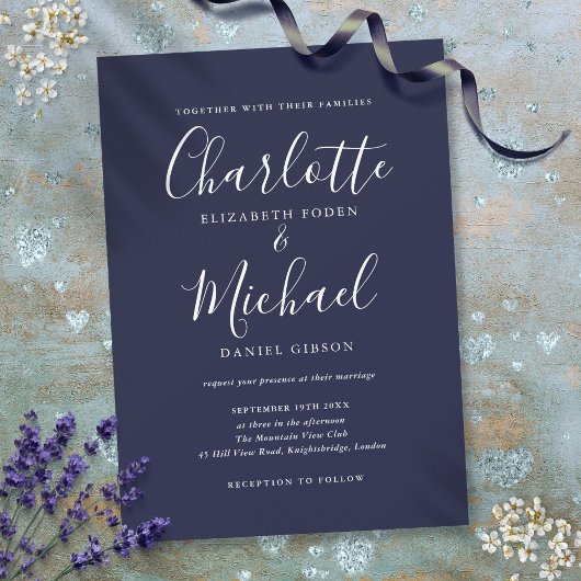 Navy Blue Elegant Signature Script Weddenschap Kaart