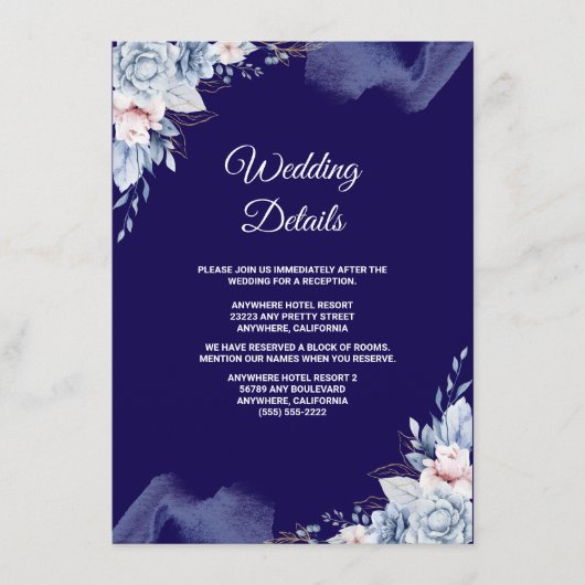 Navy blue elegant wedding informatiekaartje (Voorkant)