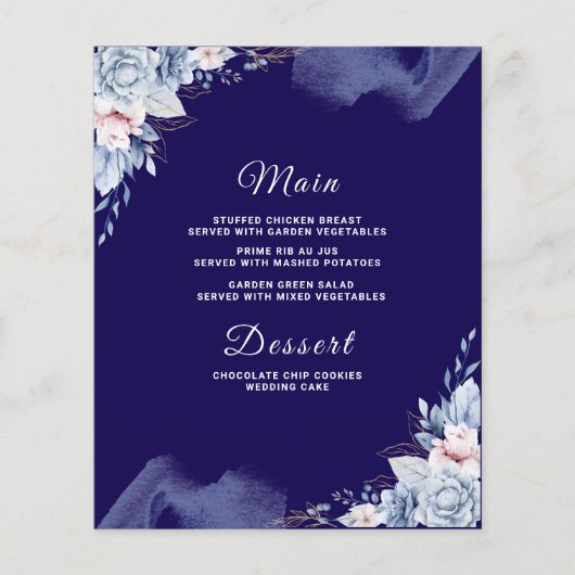 Navy blue elegant wedding Menu card (Voorkant)
