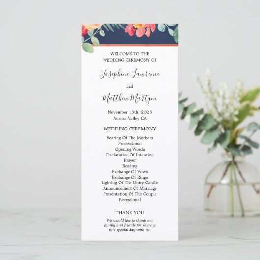 Navy Blue Elegante koraal bloemenbruiloft Programma (Staand voorkant)