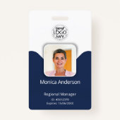 Navy Blue Employee Photo ID Name QR Bar Code Badge (Voorkant)