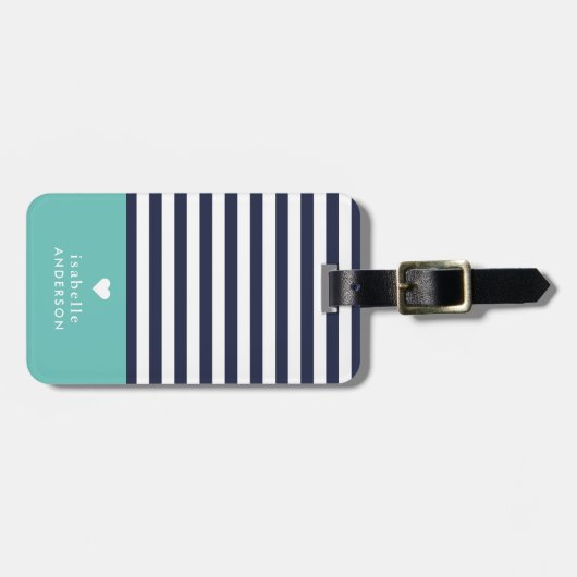 Navy Blue en Aqua Chic Stripes Heart Monogram Bagagelabel (Voorkant horizontaal)