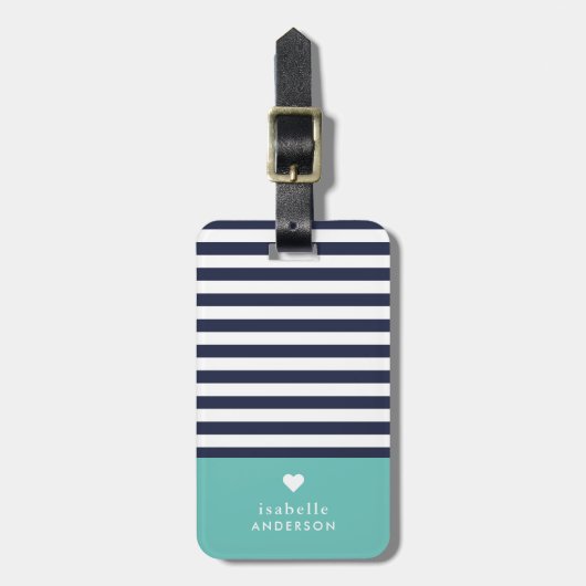 Navy Blue en Aqua Chic Stripes Heart Monogram Bagagelabel (Voorkant verticaal)