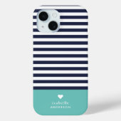 Navy Blue en Aqua Chic Stripes Heart Monogram Case-Mate iPhone Case (Achterkant)